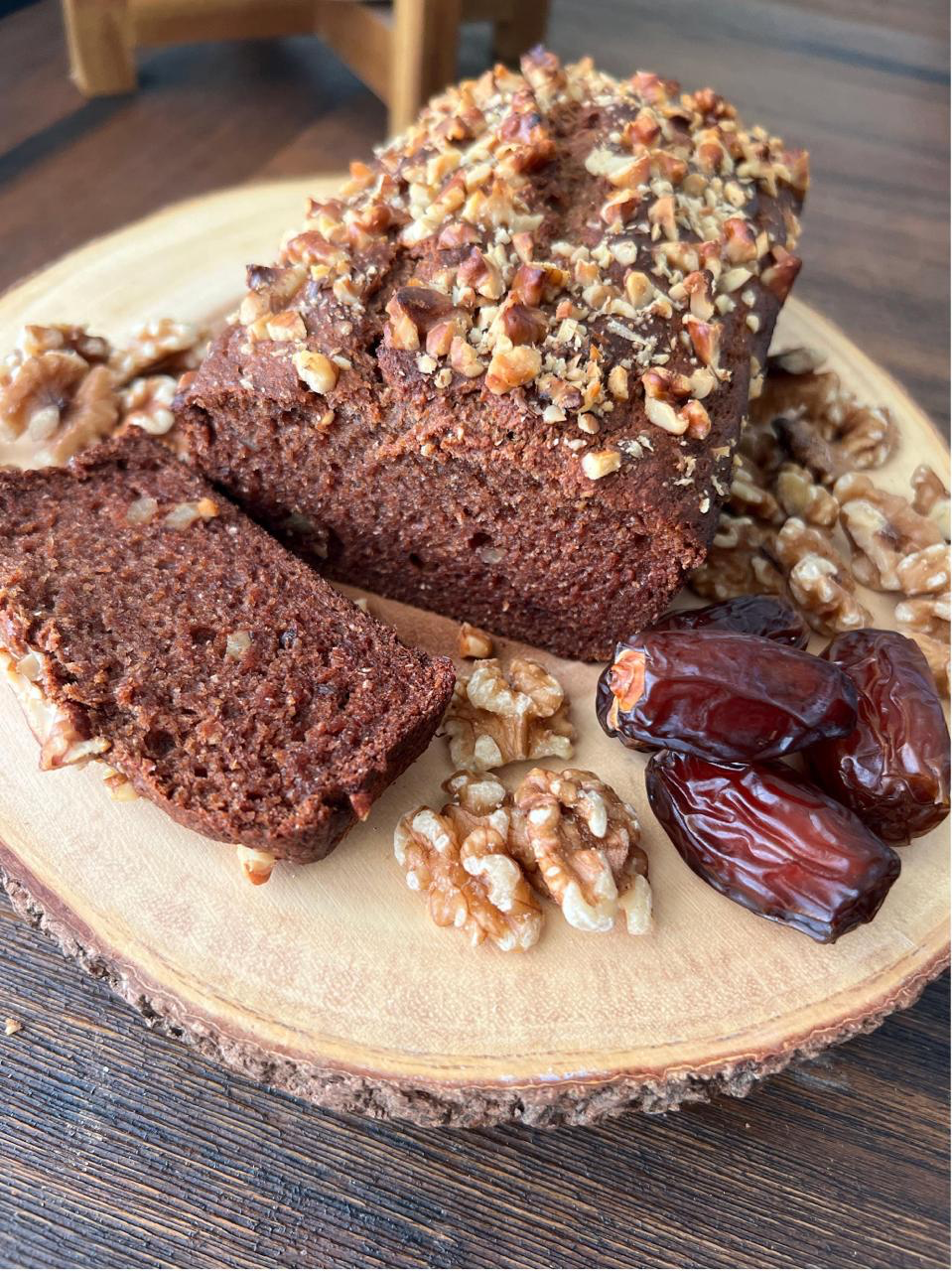 Freshly baked date cake with walnuts